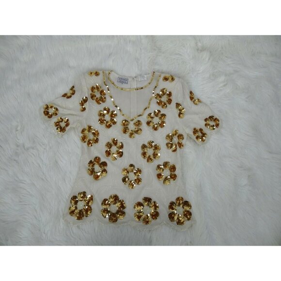 Vintage Stenay Blouse Womans  M 100% Silk Gold Sequin Beaded Top Cream Short Slv - Picture 6 of 12